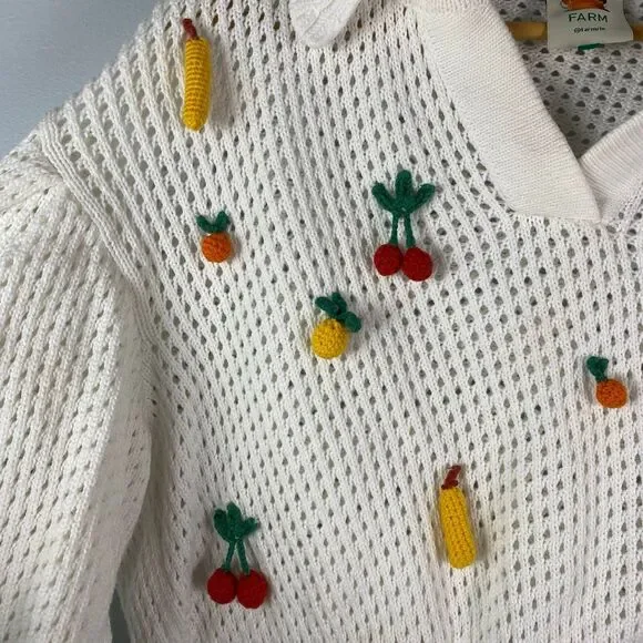 Farm Rio Off-White Crochet 3D Fruit Polo Knit Sweater Top - Picture 7 of 10